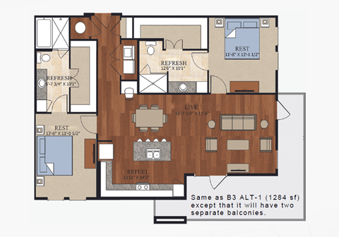Floor plan for 2 beds, 2 baths, 1095 sqft